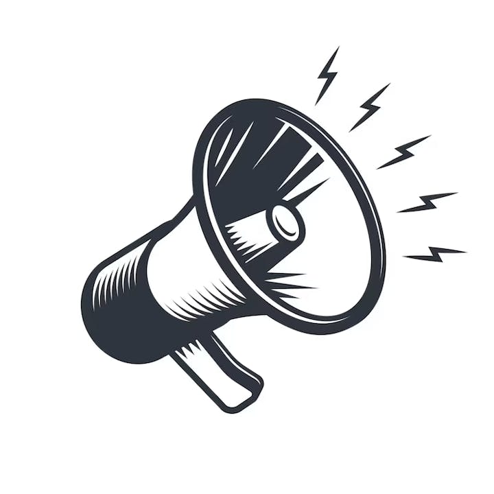 A stylized megaphone with sound lines coming out.