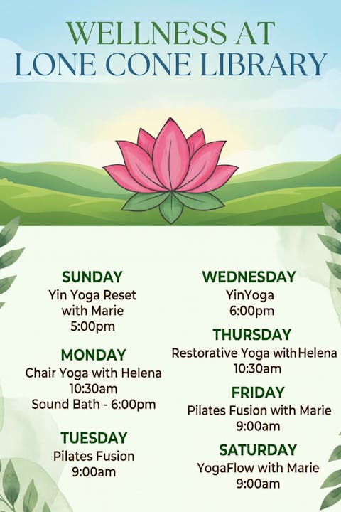 Weekly wellness schedule at Lone Cone Library includes various yoga and Pilates classes. Check times for each session.