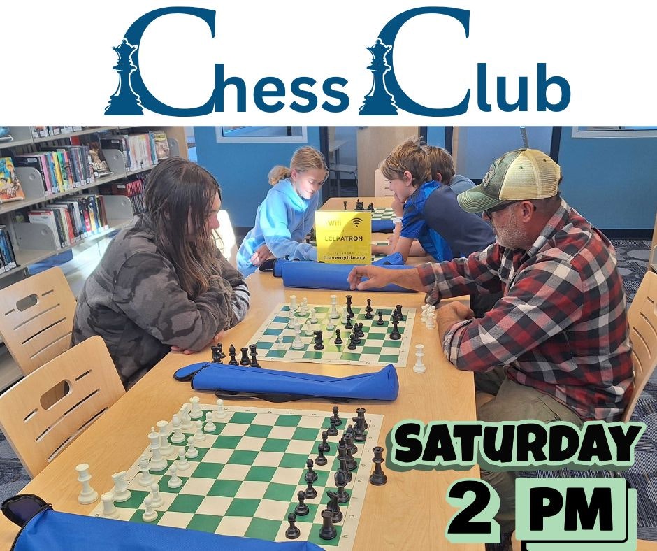 A group of people are playing chess at a "Chess Club" meeting with a schedule sign stating "Saturday 2 PM."