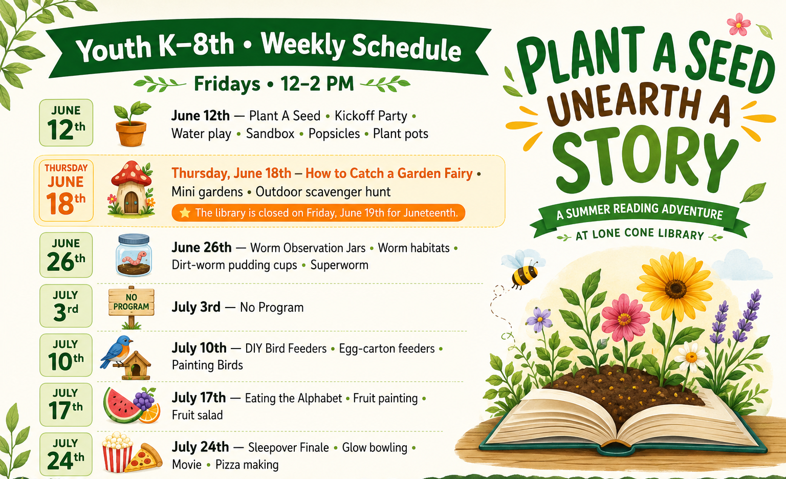 A summer reading program schedule for kids at Lone Cone Library with themed activities every Friday from June 12 to July 24.