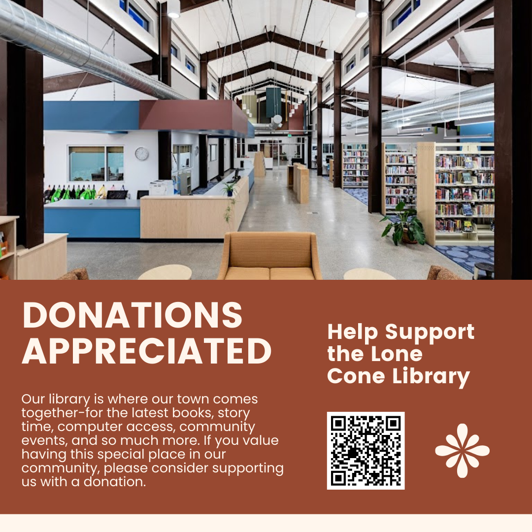 Interior of a library with a donation request for the Lone Cone Library, featuring text and a QR code for support.