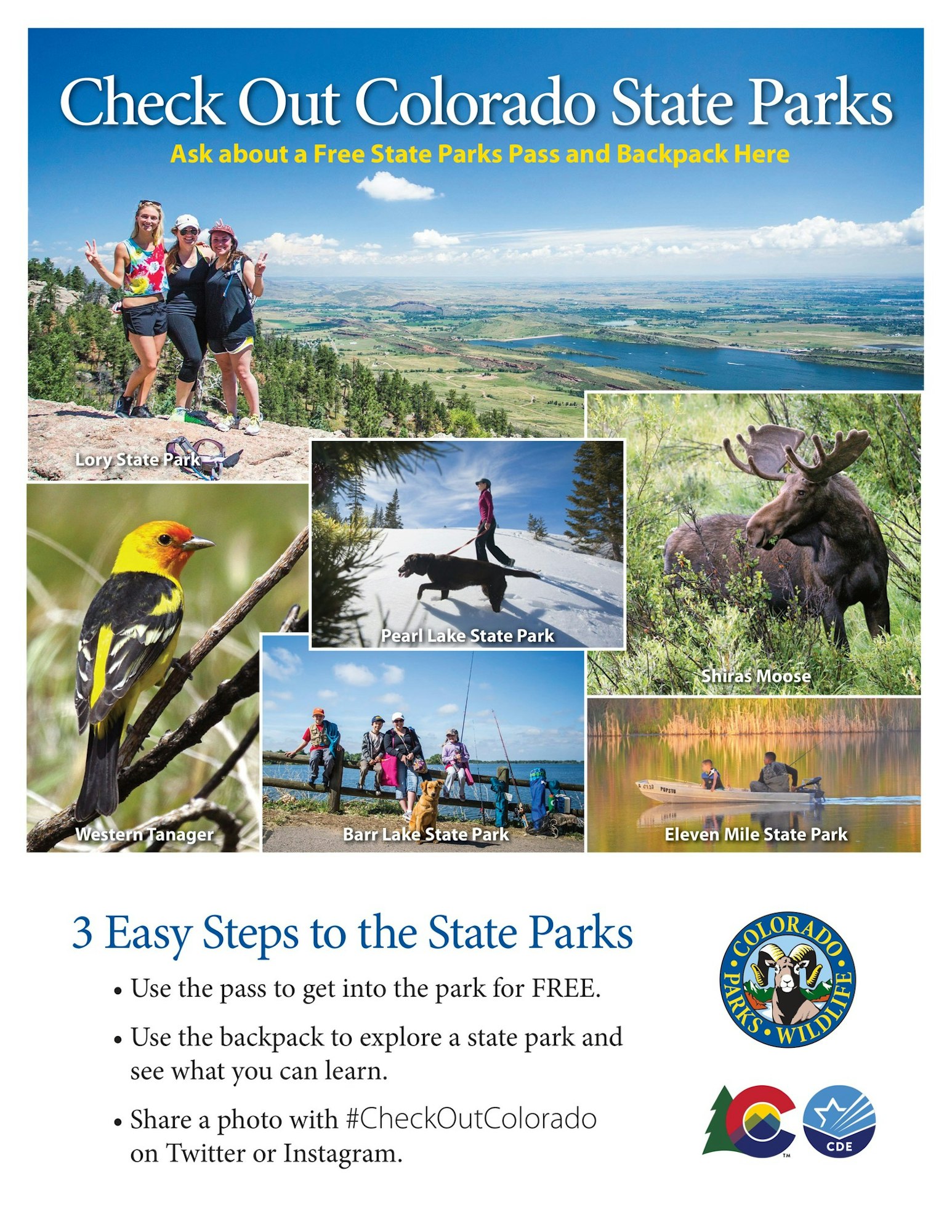 Promotional poster for Colorado State Parks featuring nature images and info on getting a free park pass and backpack.