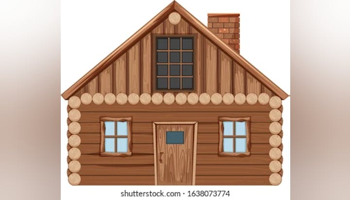 A cartoon illustration of a wooden log cabin with a chimney, two windows, and a front door.