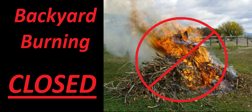 Backyard burning is prohibited. Image shows a fire with a red prohibition sign.