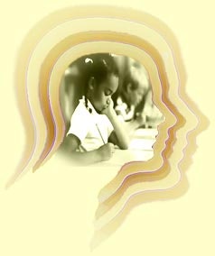 Silhouette profiles with an image of a child writing inside.