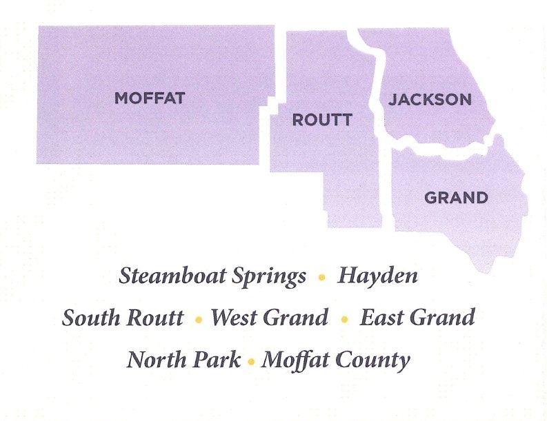 Map of Moffat, Routt, Jackson, and Grand counties with labeled towns: Steamboat Springs, Hayden, South Routt, etc.