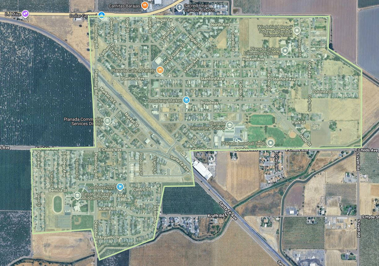 The image shows a map of Planada, California, highlighting streets, parks, schools, and nearby agricultural areas.