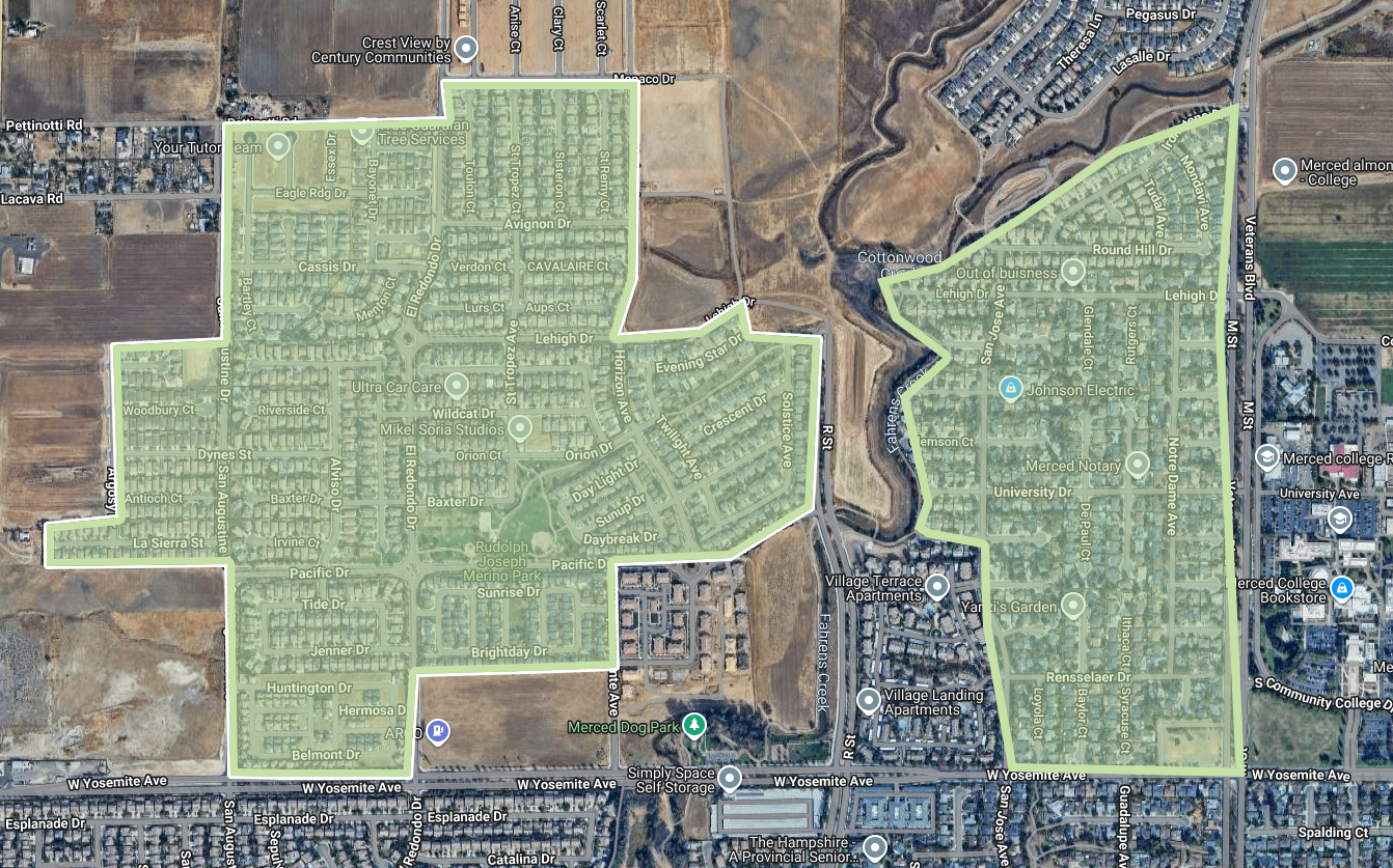 The image shows a map highlighting residential areas and some businesses in Merced, California, with specific streets marked.