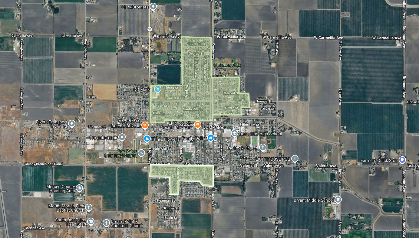 The image shows a map of Dos Palos, California, highlighting streets, parks, schools, and nearby agricultural areas.
