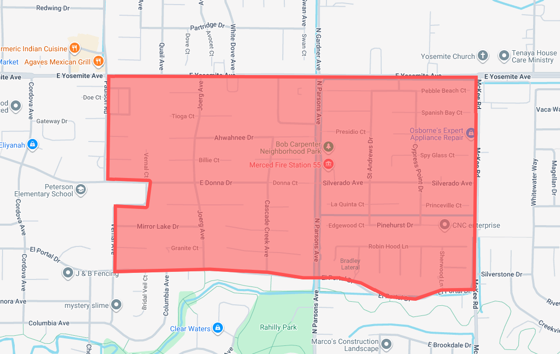The image shows a map with a highlighted area, likely indicating a neighborhood or region in a city.