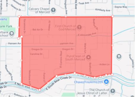 The image shows a map area in Merced, California, highlighted in red, including local landmarks and streets.