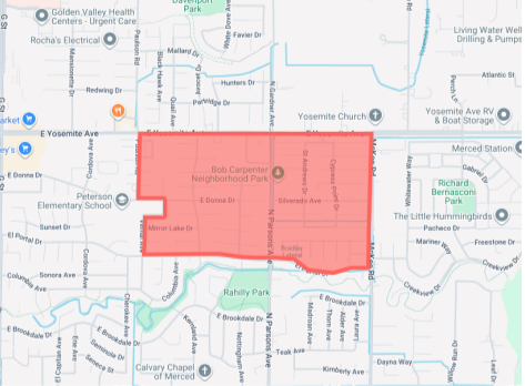 The image shows a map highlighting the Bob Carpenter Neighborhood Park area in Merced, California.
