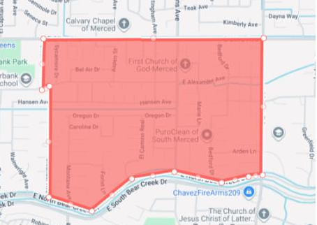 The image shows a map section in Merced, CA, marked in red, highlighting a specific area with street names and landmarks.