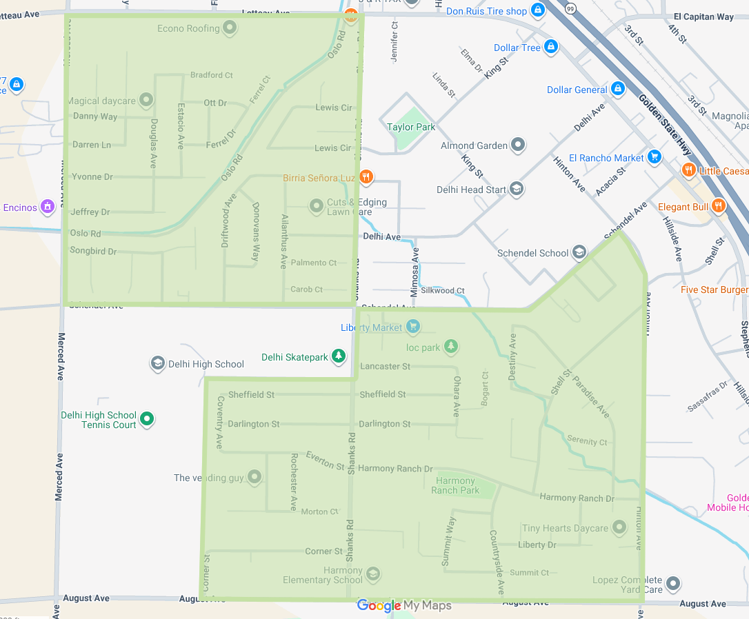 The image shows a map of Delhi, California, highlighting neighborhoods, schools, parks, and local businesses.