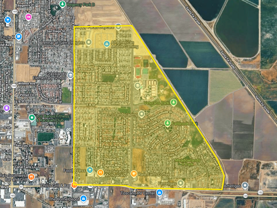 The image shows a map section highlighting various neighborhoods, parks, schools, and businesses in Los Banos, California.