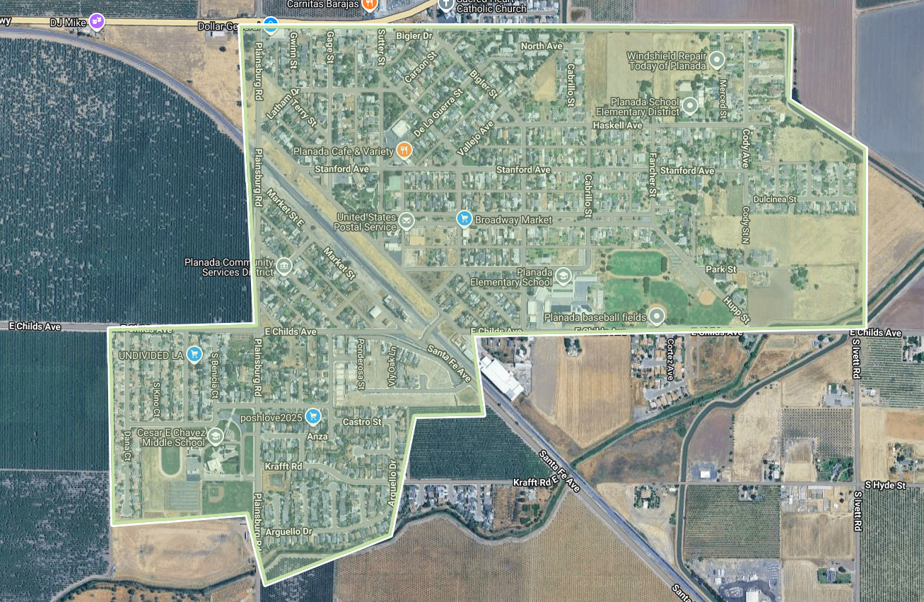 The image shows a map of a residential area in Planada, California, highlighting streets, schools, and services.