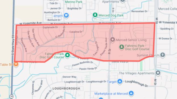 The image is a map showing a highlighted area in Merced, California, including locations like Fahren's Park and a senior living facility.