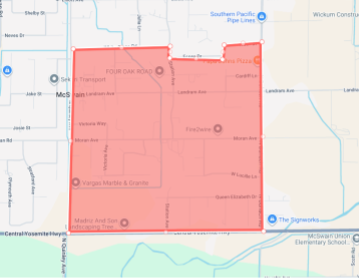 The image shows a map section highlighted in red, outlining a specific area with nearby street names and landmarks.