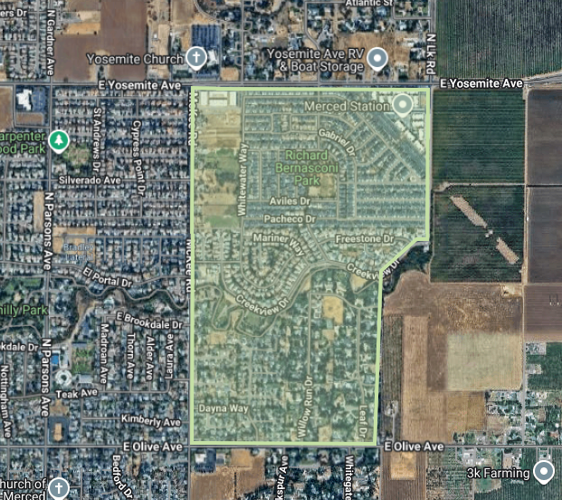 The image shows a map of the Merced Station area, highlighting streets and Richard Bernasconi Park, alongside neighboring features.