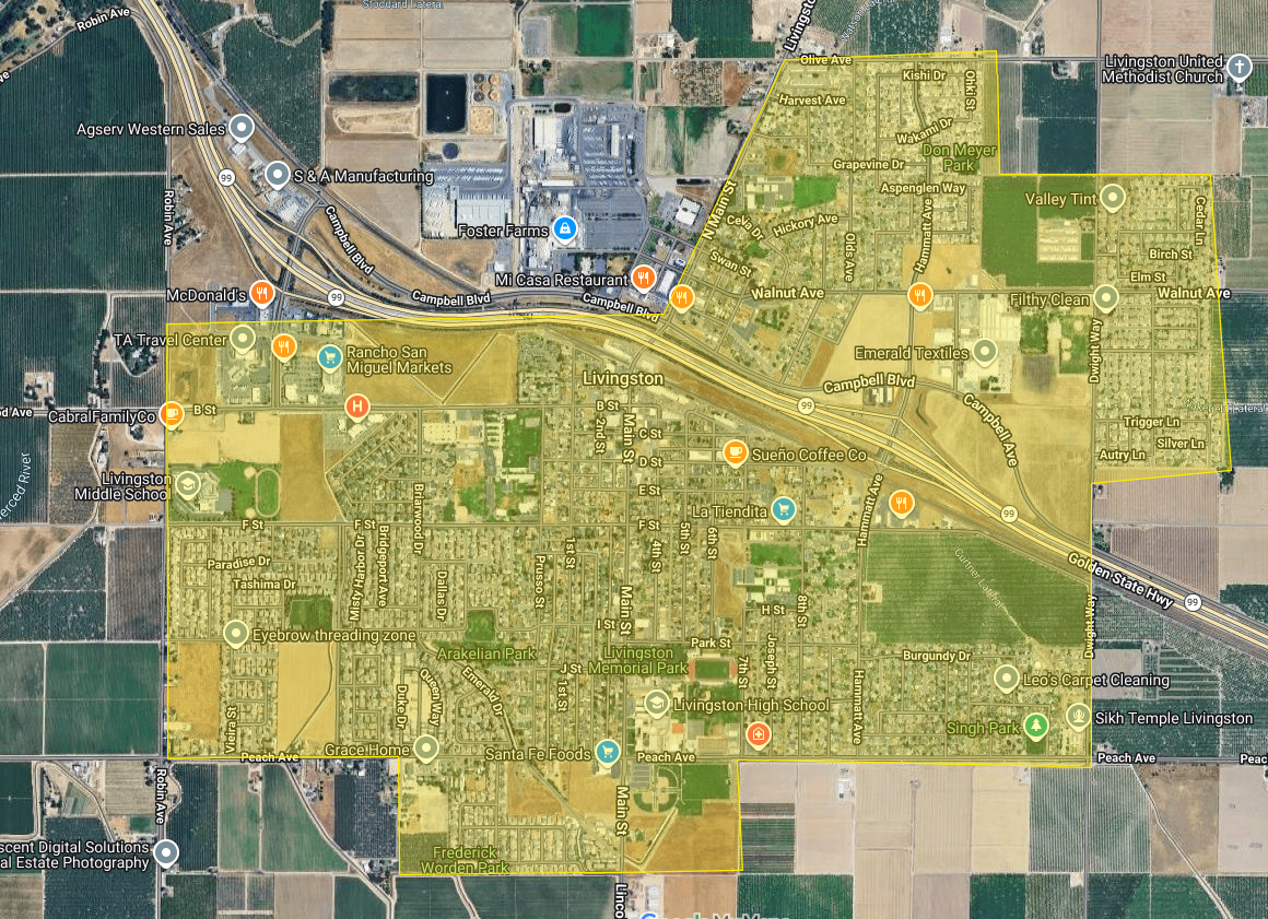 The image is a map of Livingston, California, highlighting streets, businesses, parks, and landmarks in the area.