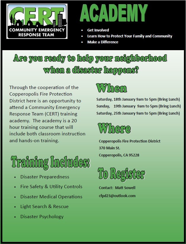 Flyer for a Community Emergency Response Team (CERT) training academy, detailing dates, location, content, and registration information.