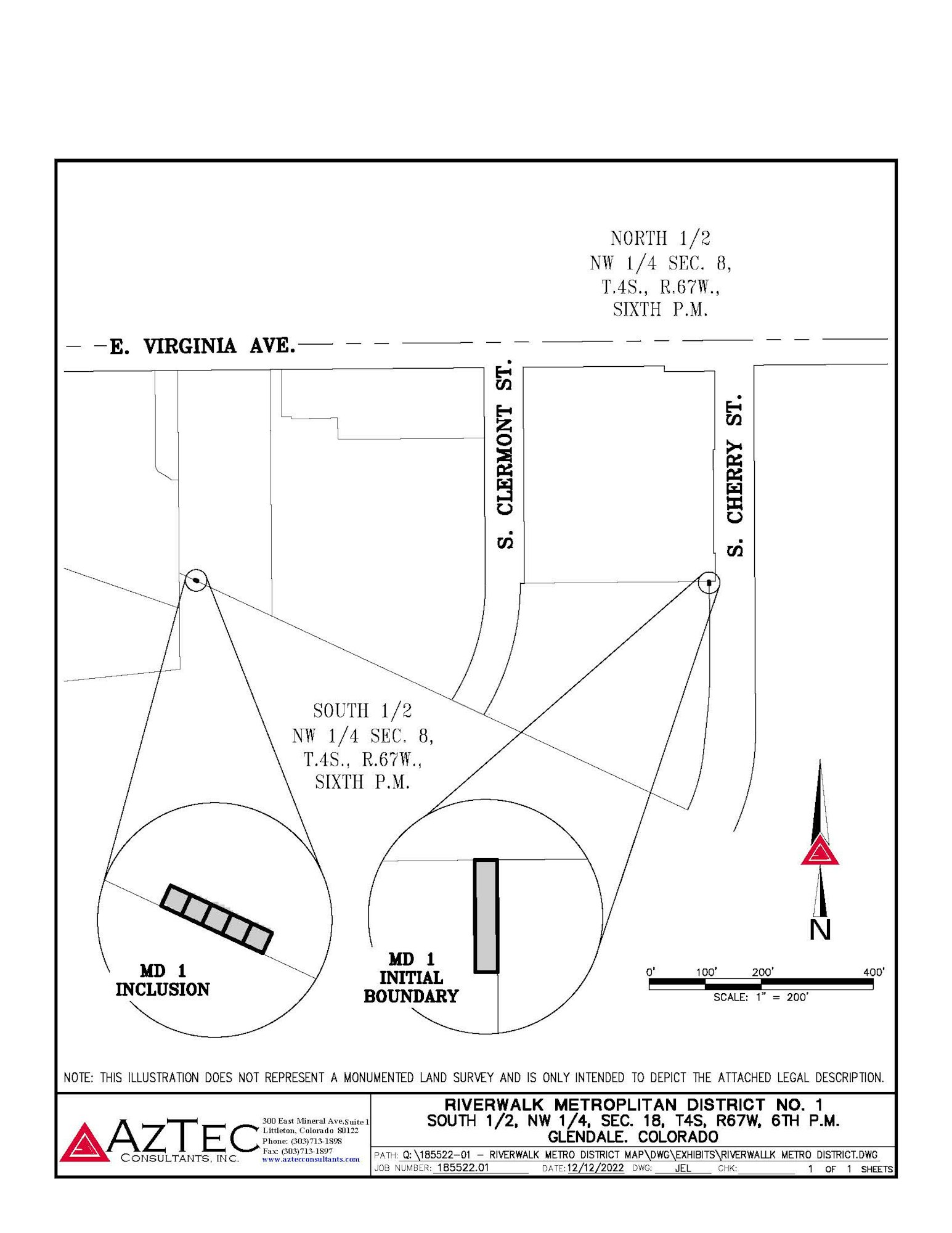 Map showing Riverwalk Metropolitan District No. 1 boundaries with streets and survey details in Glendale, Colorado.