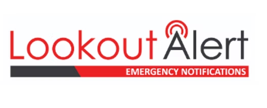 Text in a logo with "Lookout Alert" and "Emergency Notifications" in red and black.