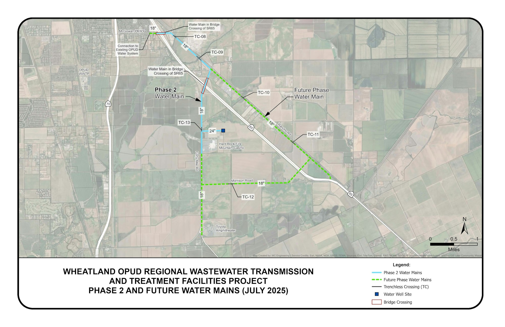 Map of Wheatland OPUD wastewater project with Phase 2 and future water mains, trenchless crossings, and well sites.