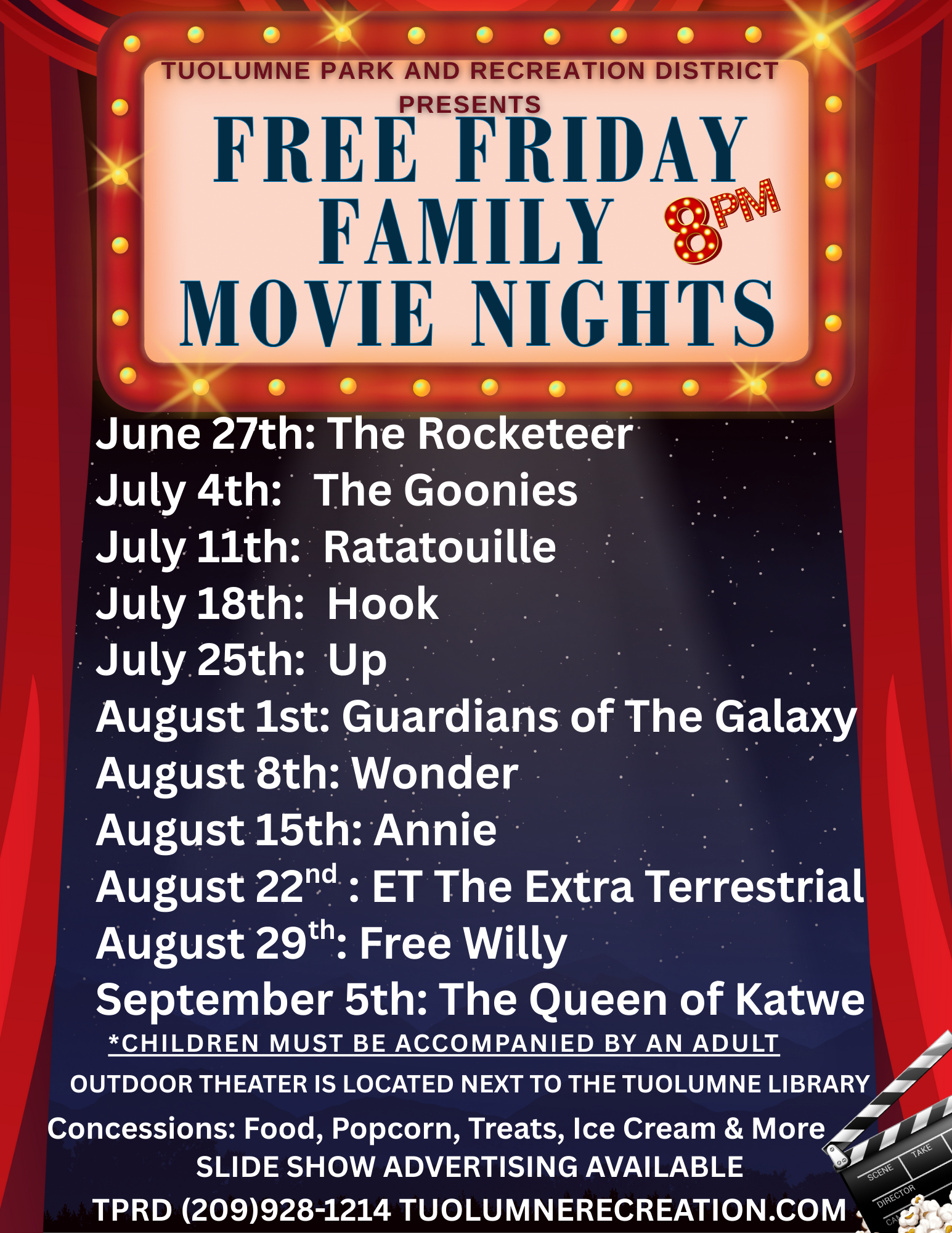 Free Friday Family Movie Nights schedule with films from June 27 to September 5 in Tuolumne.