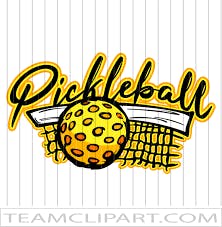 Graphic of a pickleball and net with the word "Pickleball" above.