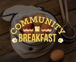 Graphic for a "Community Breakfast" event with food images and text.