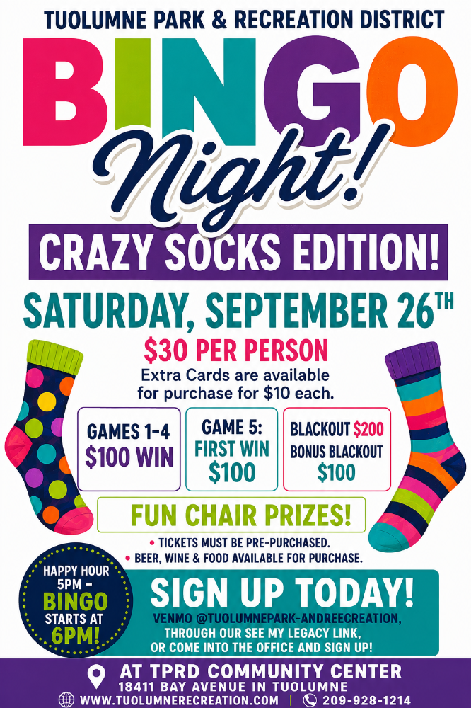 "Bingo Night: Crazy Socks Edition! Sept 26, $30/person. Fun prizes, food available. Sign up at TPRD Community Center!"