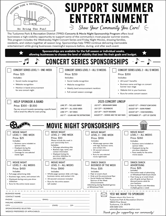 The image offers sponsorship opportunities for summer concerts and movie nights by the Tuolumne Park & Recreation District, detailing prices and benefits.