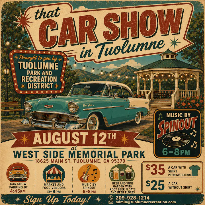 A car show in Tuolumne on August 12 with music, food vendors, and parking details. Fun event at West Side Memorial Park!