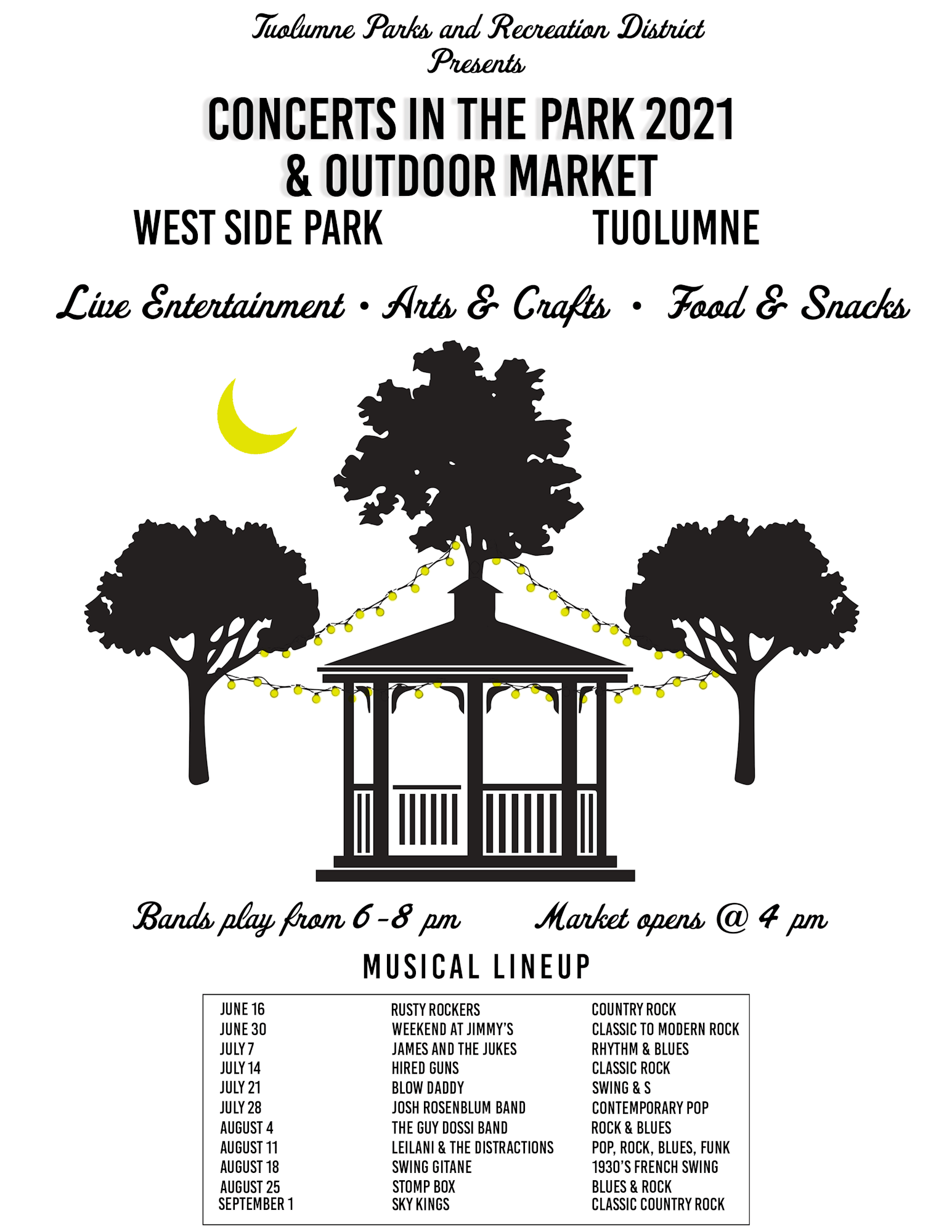 Flyer for Free Concerts in the Park every Wednesday at 6pm to 8pm in West Side Park