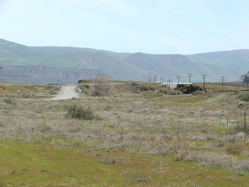 Rural landscape with grass, a dirt road, power lines, and distant hills under a clear sky.