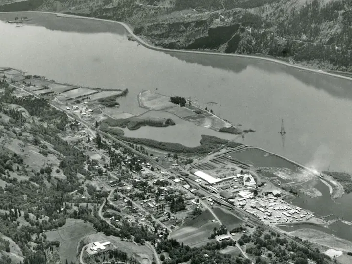 Aerial view of a town by a river, surrounded by hills and forests, with docks and industrial areas visible.