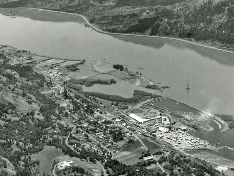 Aerial view of a town by a river, surrounded by hills and forests, with docks and industrial areas visible.