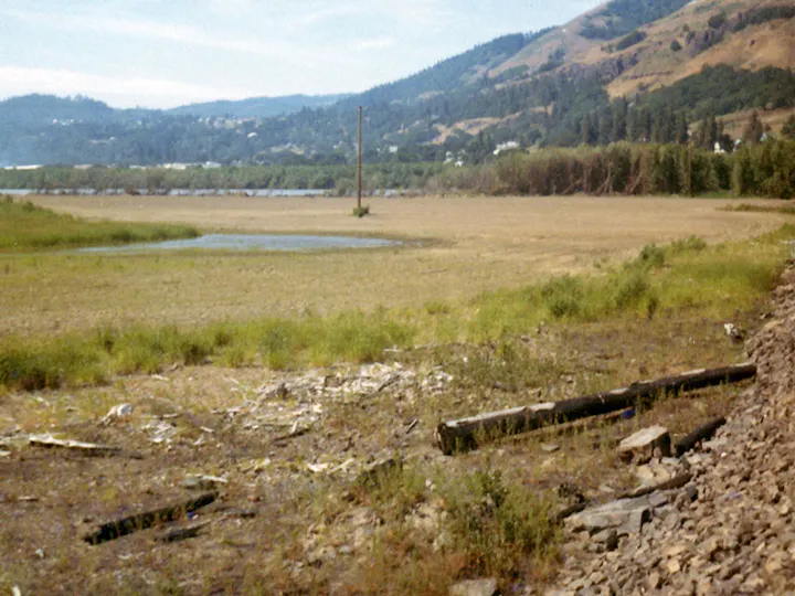 A dry, sparse landscape with patches of grass and debris, hills in the background, and a single pole standing in a muddy area.
