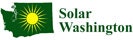 Green map of Washington with a yellow sunburst and the text "Solar Washington."