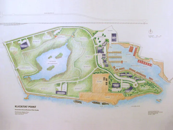 Map of Klickitat Point development plan with a lake, industrial areas, marina, and labeled zones.