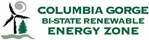 Logo for Columbia Gorge Bi-State Renewable Energy Zone with a wind turbine and tree icon.