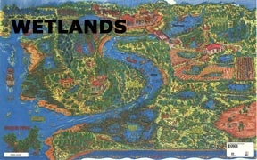 Illustrated map of wetlands with vegetation, water bodies, and areas labeled "WETLANDS" in bold text.