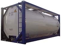 A large cylindrical tank container within a blue frame, likely for transporting liquids or gases.