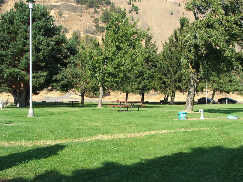 Park with green grass, trees, picnic tables, a lamp post, and a hillside in the background.