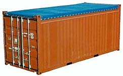 A brown shipping container with a blue tarp covering the top.