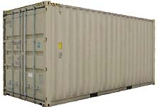 A beige shipping container with closed doors, viewed from an angle.