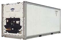 A white refrigerated shipping container with cooling unit on one end.