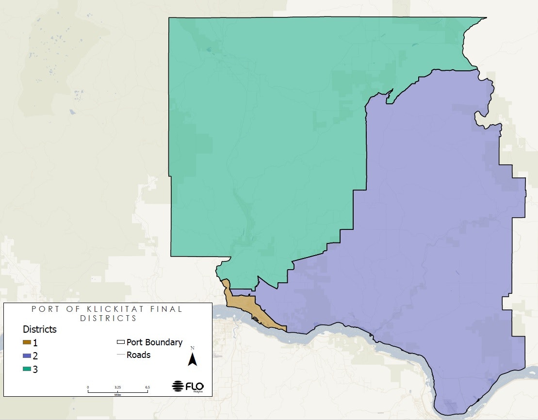 Map of Port of Klickitat districts. Three colored areas with boundaries and roads marked.