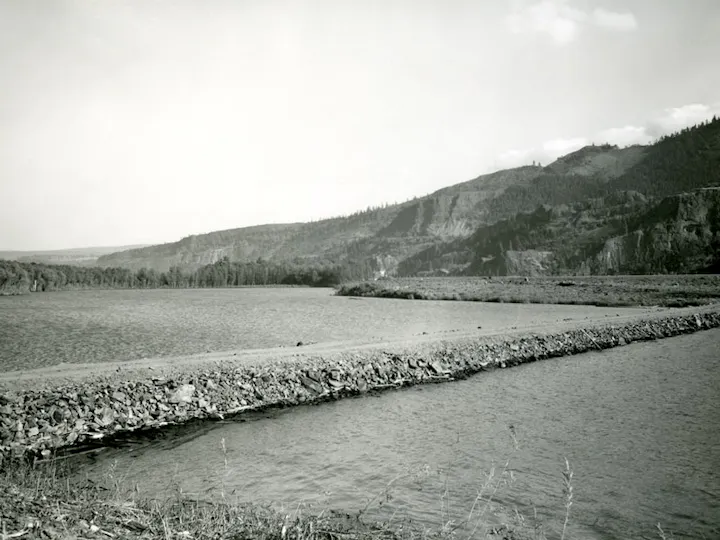A river flowing through a rocky landscape, with mountains and a line of trees in the background.
